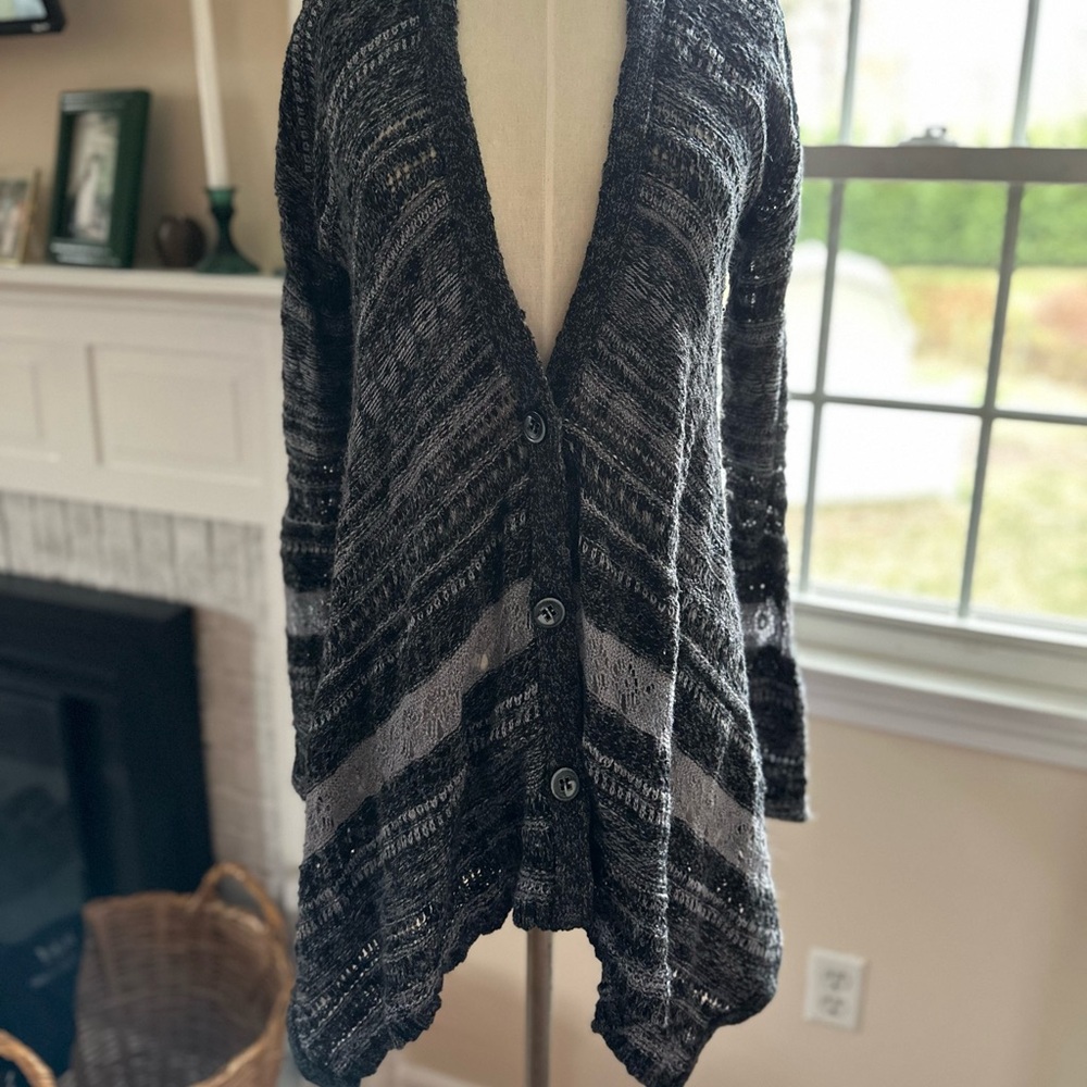 Free People Striped Knit Long V-Neck Cardigan